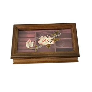 Rosalco Jewelry Box  Brown 1987 Vintage Floral Etched Glass Wood Case